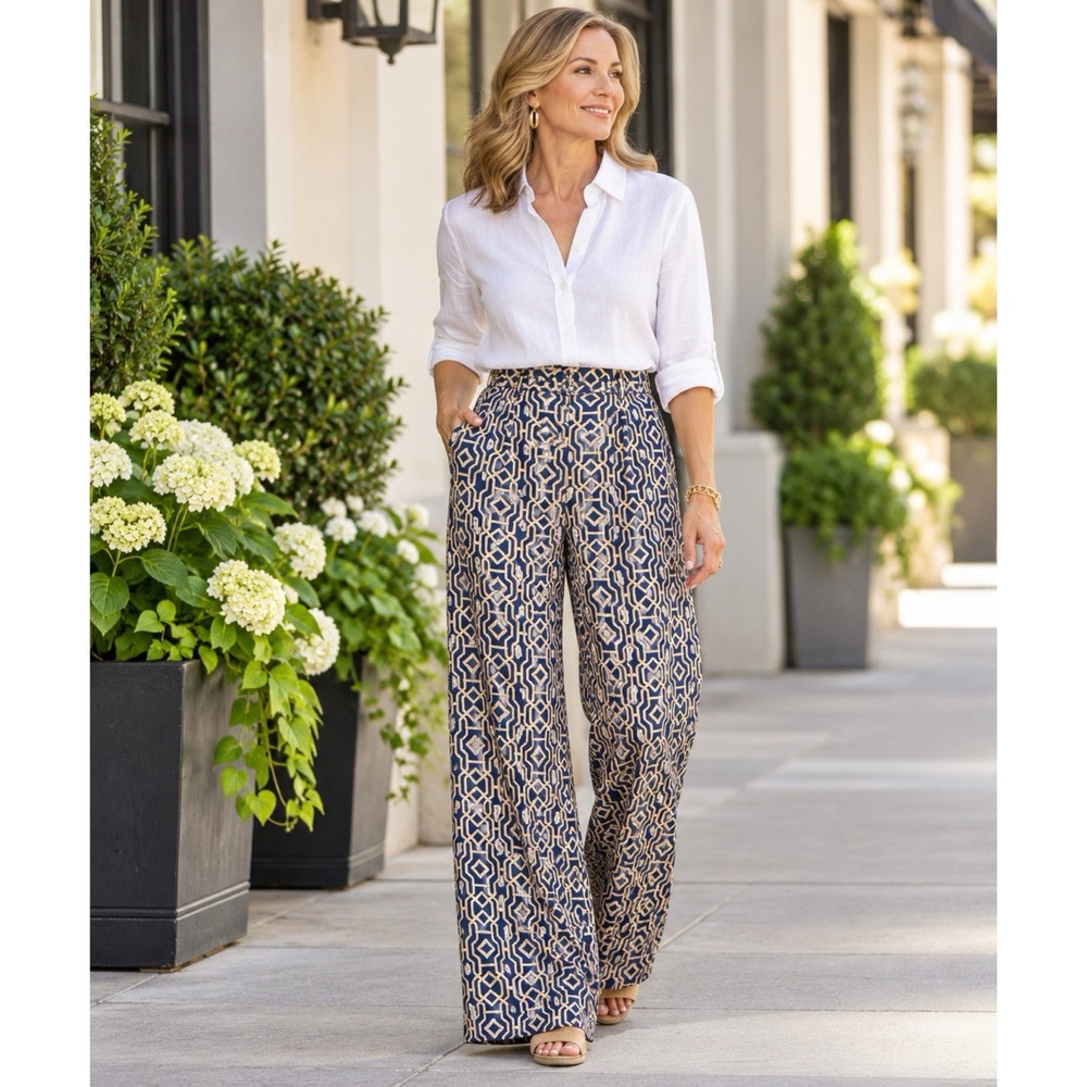 J. McLaughlin Size 6 Blue Gold Geometric Print Wide Leg Pants Silk Blend